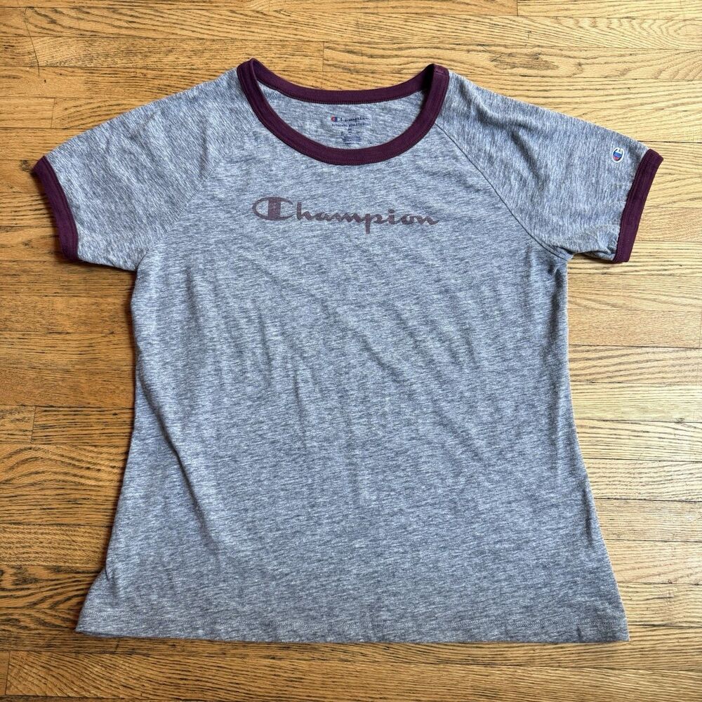 Champion Ringer T Shirt Womens Medium Gray Heathered Short Sleeve Logo Tee Sport